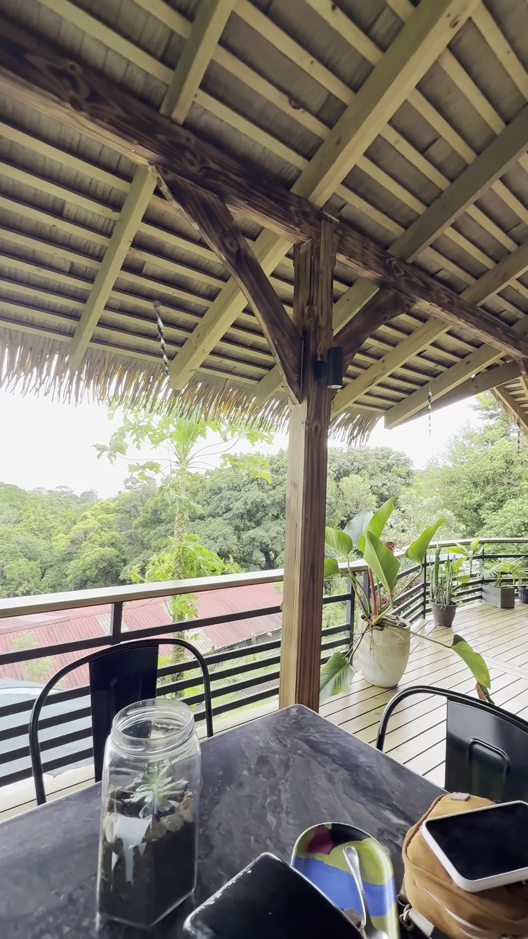 Thatched eaves and dark timber posts over the deck rail